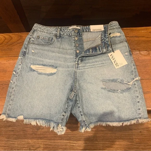 Zenana Outfitters Light Blue Distressed Denim Cutoff Shorts - Picture 1 of 3